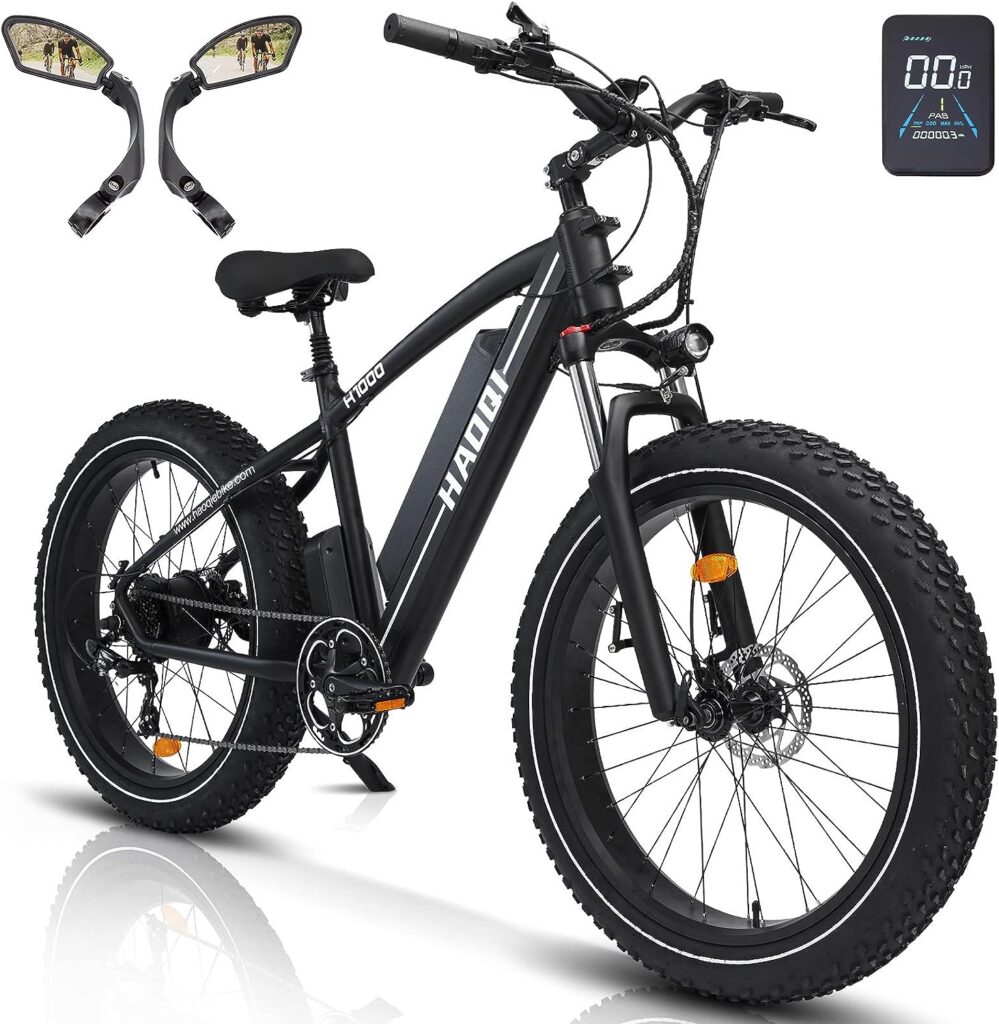 HAOQI Electric Bike for Adults, 26 Fat Tire Commuter Ebike, 750W Motor with 48V 20AH Removable Lithium Battery, Mountain E Bike Up to 28MPH, 7-Speed Electric Bicycles for Unisex