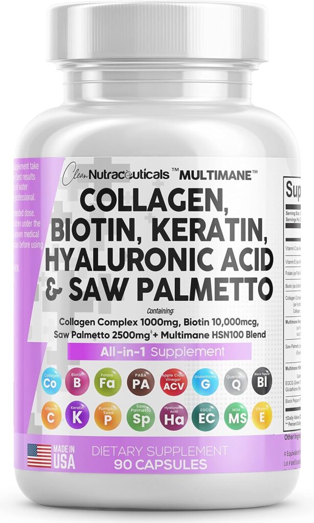 Collagen Pills 1000mg Biotin 10000mcg Keratin Saw Palmetto 2500mg Hyaluronic Acid - Hair Skin and Nails Vitamins and DHT Blocker with Vitamin E Folic Acid Pumpkin Seed MSM Made in USA - 90 Count