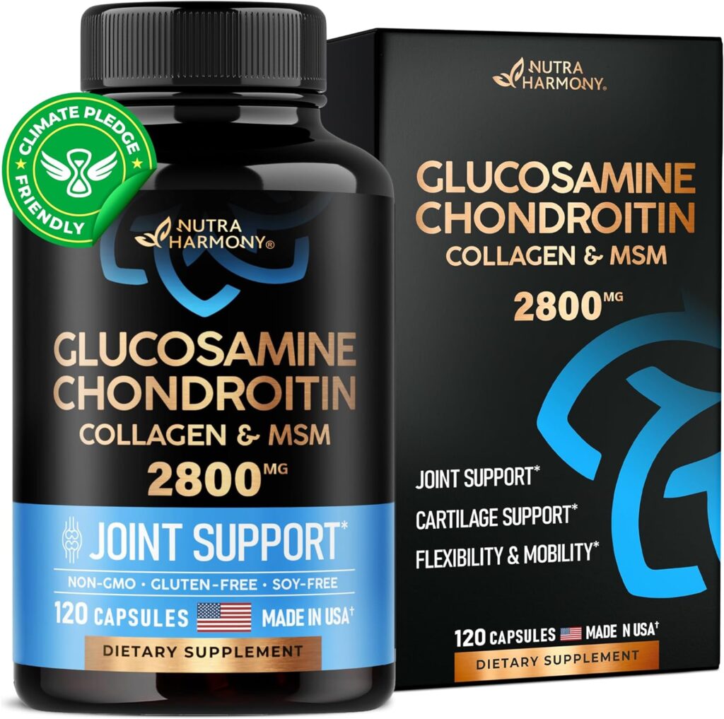 NUTRAHARMONY Glucosamine Chondroitin with Collagen  MSM - Joint Support Supplement - Cartilage Support, Flexibility  Strength - Made in USA Vitamins - Gluten Free - 2800mg, 120 Capsules