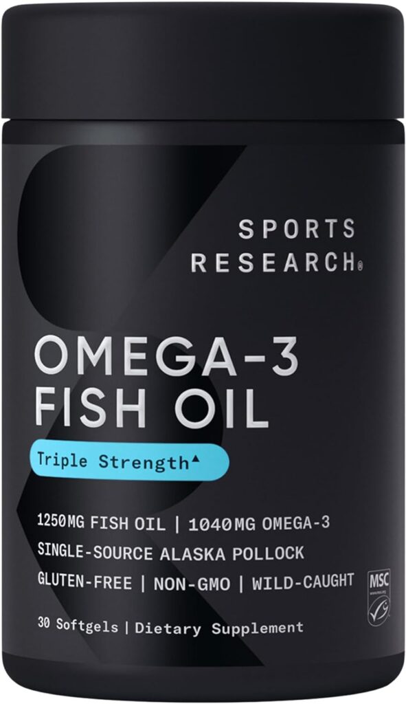 Sports Research Triple Strength Omega 3 Fish Oil 1250mg from Wild Alaska Pollock - Burpless Fish Oil Supplement with Omega3s EPA  DHA - Sustainably Sourced, Non-GMO, Gluten Free - 30 Softgels