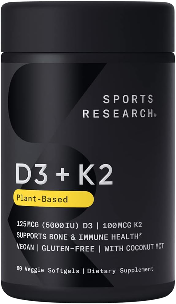 Sports Research Vitamin D3 K2 with 5000iu of Vegan D3  100mcg of Vitamin K2 as MK7 | Non-GMO Verified, Vegan Certified, Gluten  Soy Free - 60 Liquid Softgels